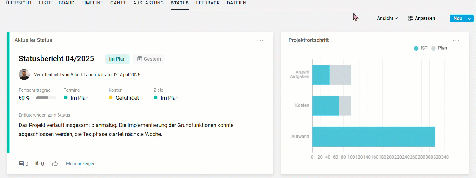Neuen Statusbericht über das Neu-Menü anlegen