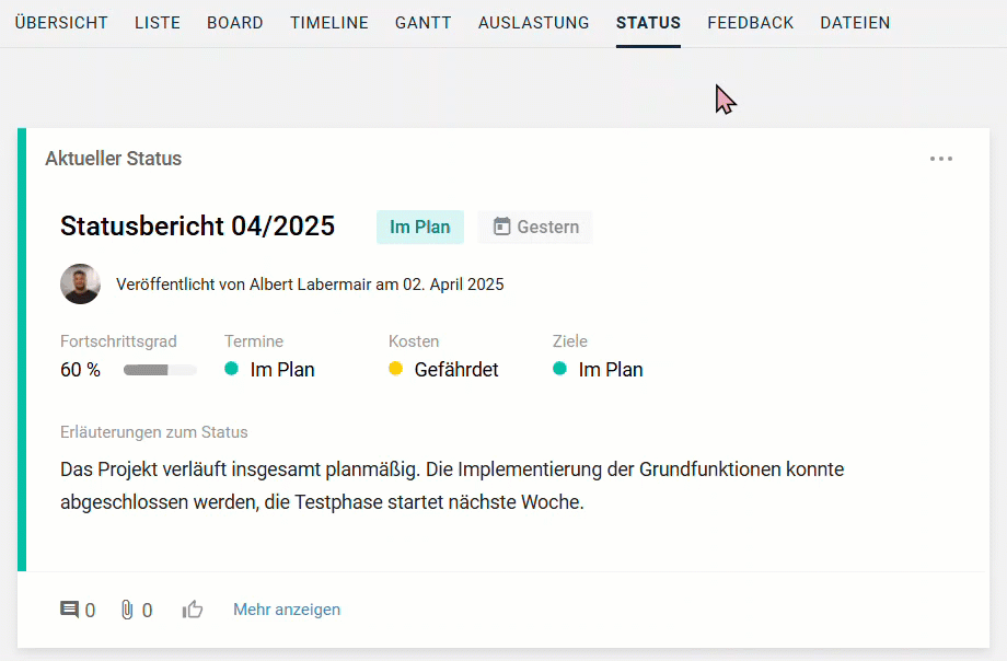 Statusbericht kopieren über drei Punkte