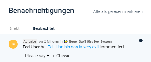 Benachrichtigungs-Tabs Direkt und Beobachtet