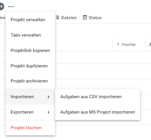 Menüpunkt Importieren mit Aufgaben aus CSV importieren und Aufgaben aus MS Project importieren