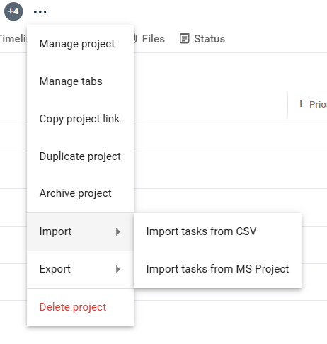 Import menu item with Import tasks from CSV and Import tasks from MS Project