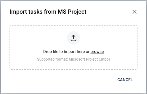 Import tasks from MS Project dialog with upload field