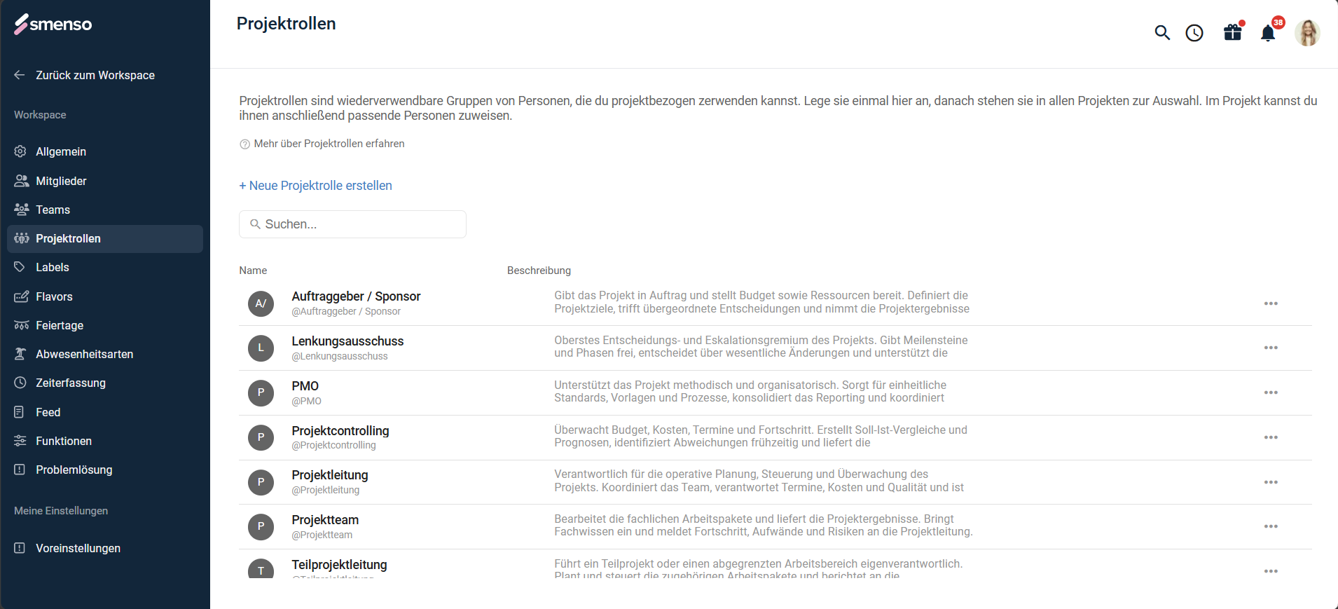 Liste der workspace-weit definierten Projektrollen mit Name und Beschreibung