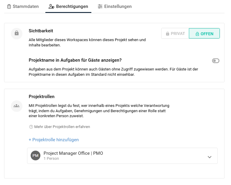 Tab Berechtigungen mit Sichtbarkeit und Projektrollen, Projektrolle Project Manager Office hinzugefügt