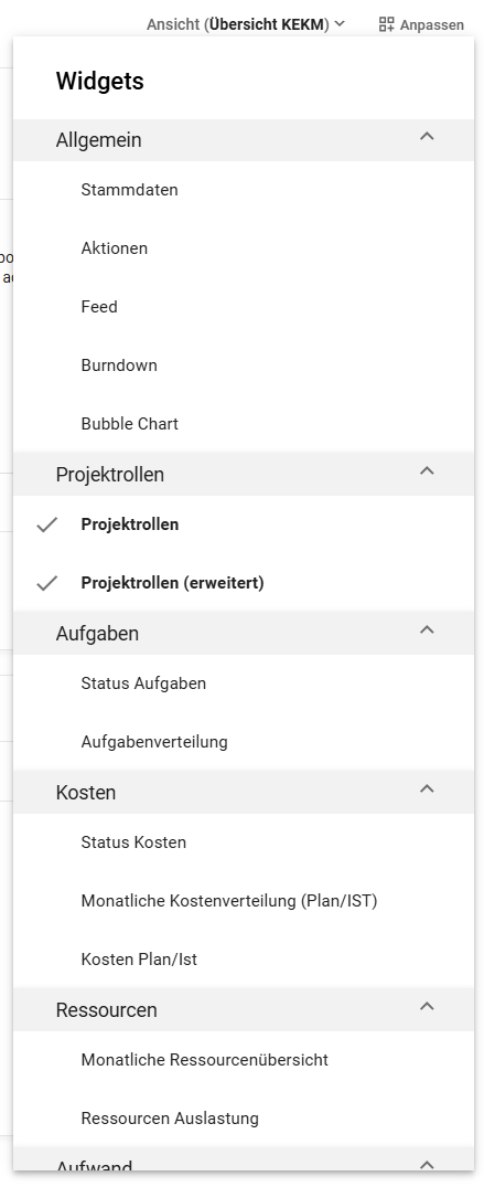 Widget-Auswahl mit den Einträgen Projektrollen und Projektrollen (erweitert)