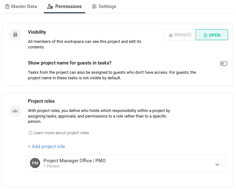 Permissions tab with visibility and project roles, Project Manager Office role added