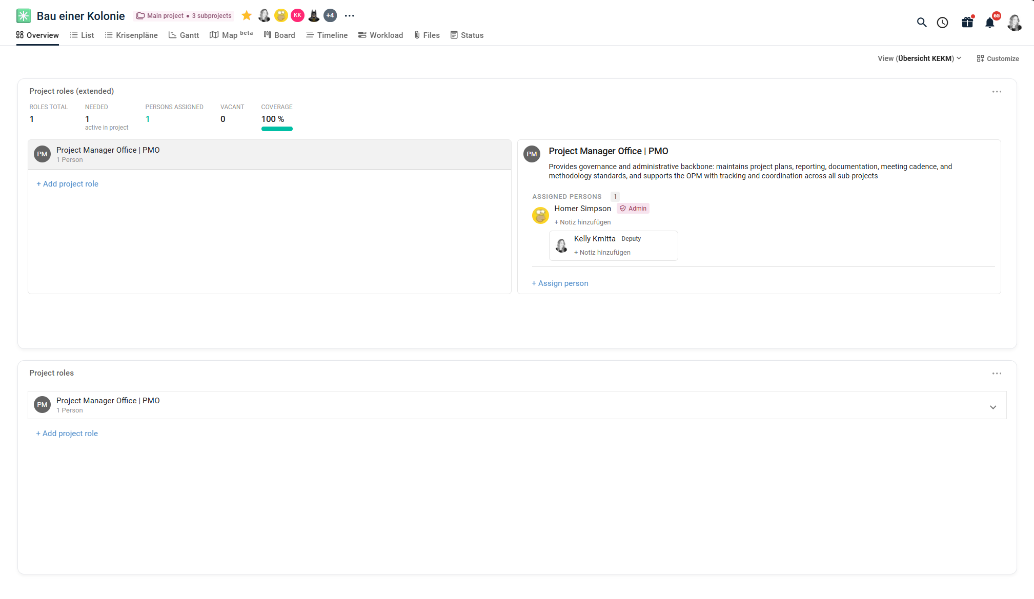 Project roles widgets on a project's overview page