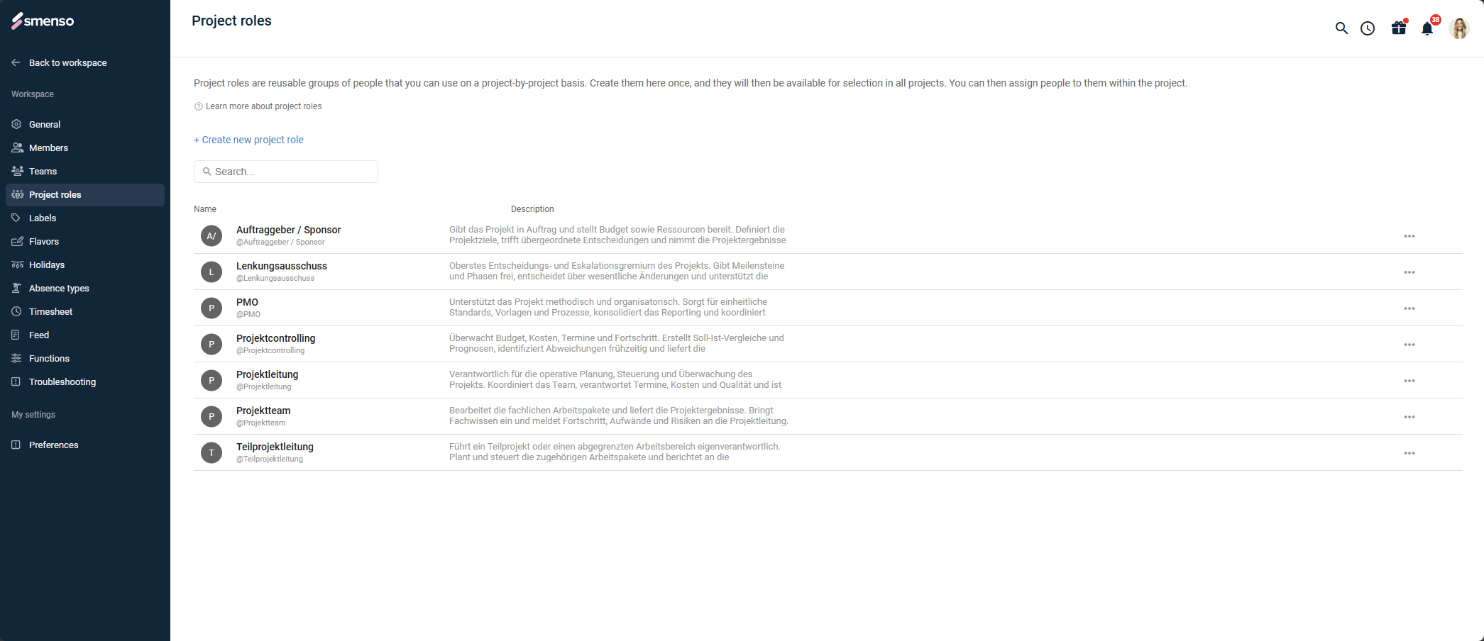 List of workspace-wide defined project roles with name and description