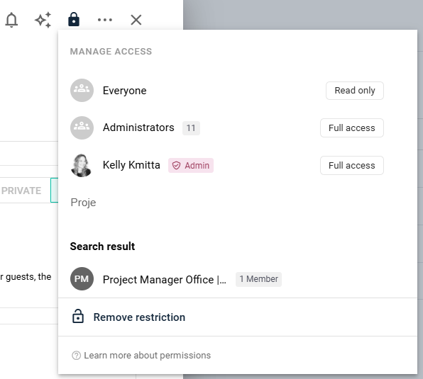 Manage access dialog with the Project Manager Office project role as an access option