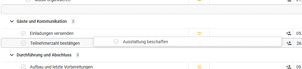 Gezogene Aufgabe über einer Zielaufgabe, deren Zeile markiert ist